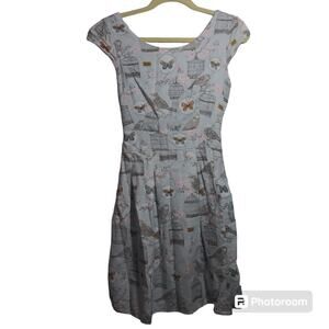 SM Wardrobe Womens Dress Pleated Skirt Tie Waist Lined Bird Cage Blue Size Small